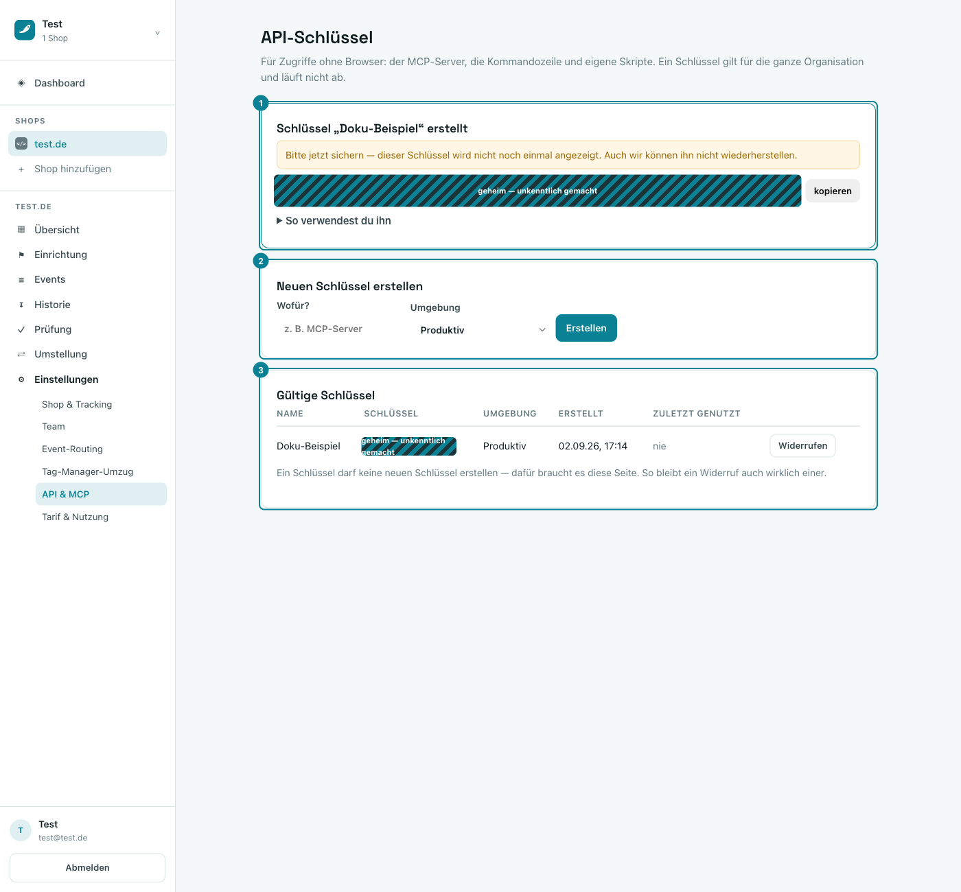 API-Schlüssel-Seite: neu erstellter Schlüssel (unkenntlich gemacht), Formular, Tabelle